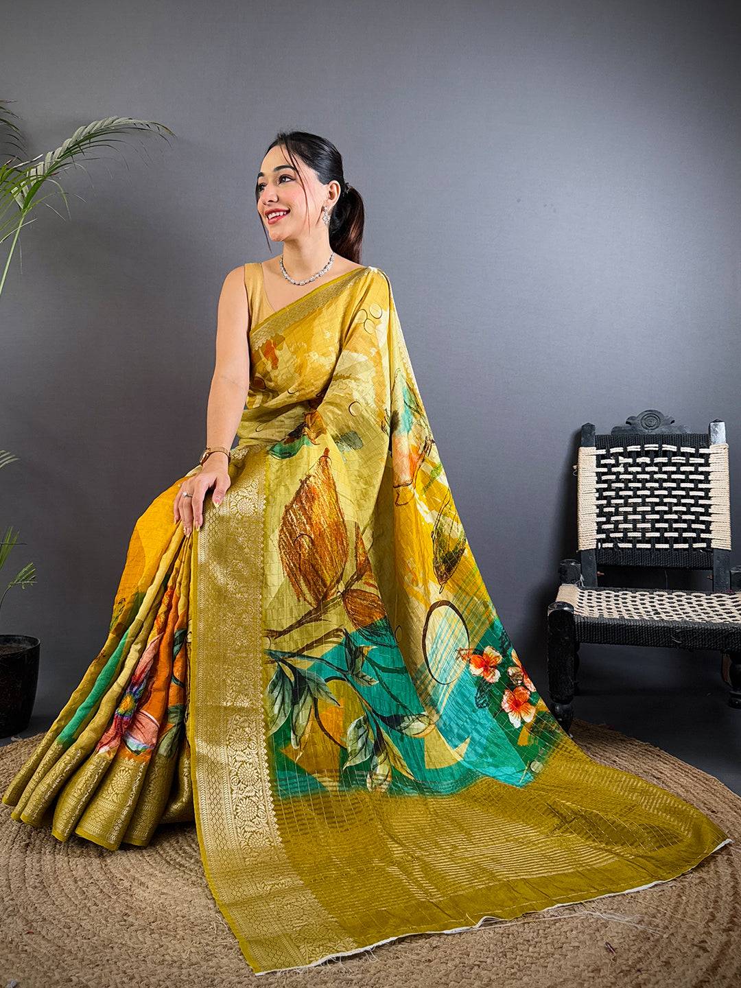 Elegant Mustard Yellow Floral Art Saree
