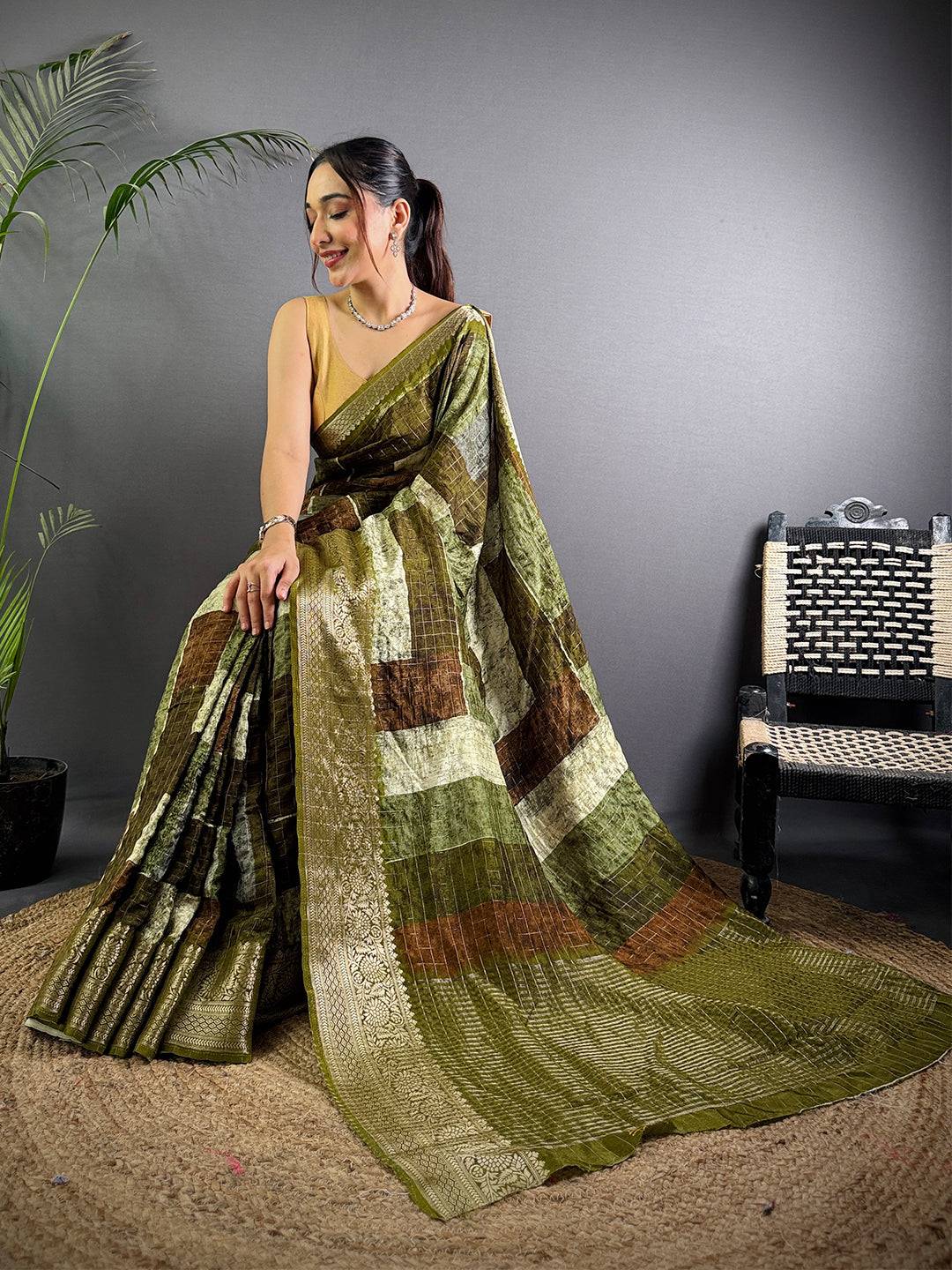 Olive Pure Viscose Abstract Printed Saree