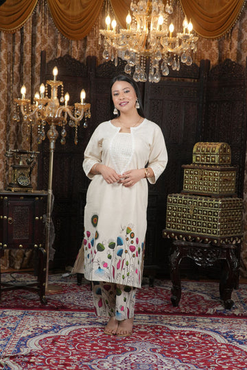 Ivory Floral Painted pure cotton kurta set for women