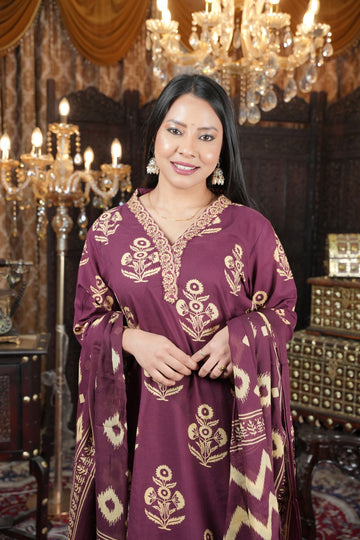 Maroon Ethnic Cambric Cotton Kurta Set With Dupatta