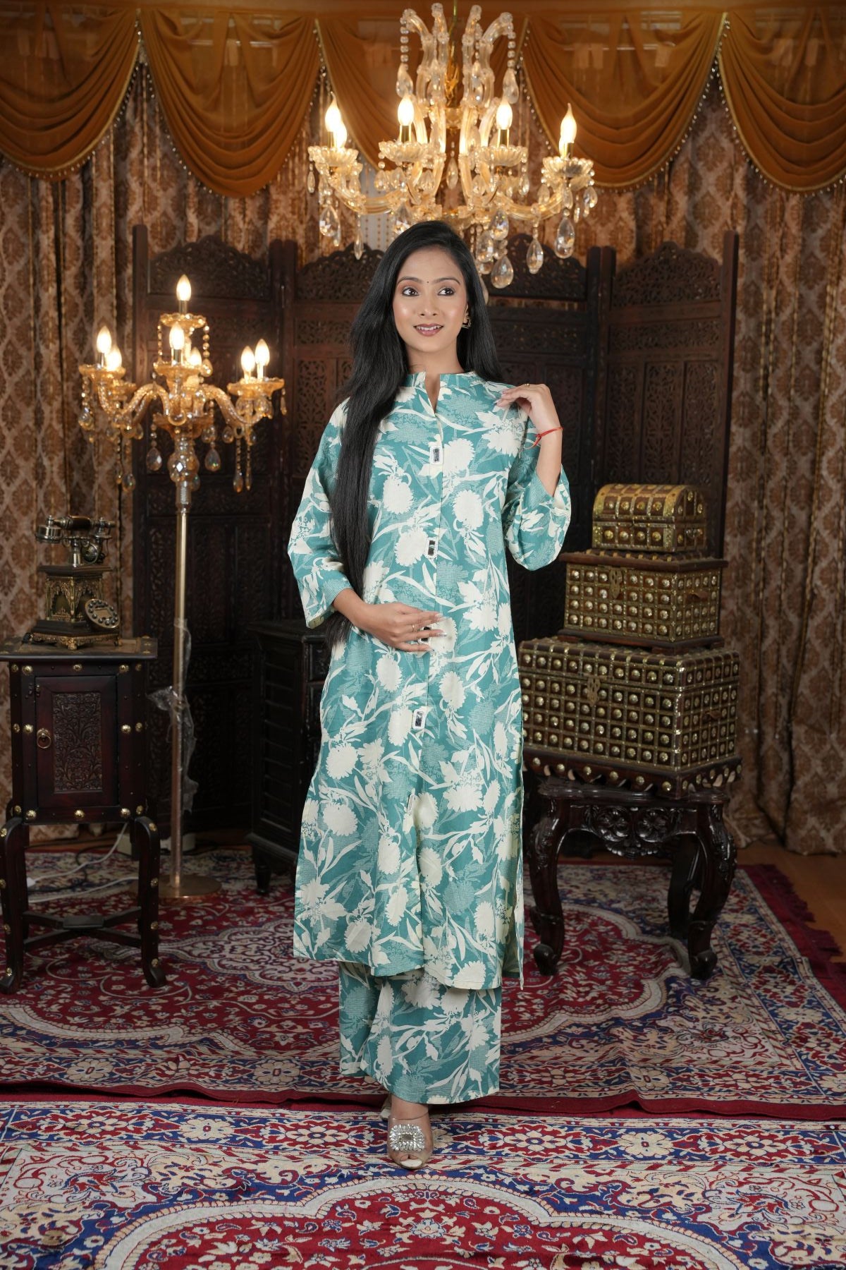 Tantikaa Mint Floral Cambric Cotton Kurta Set