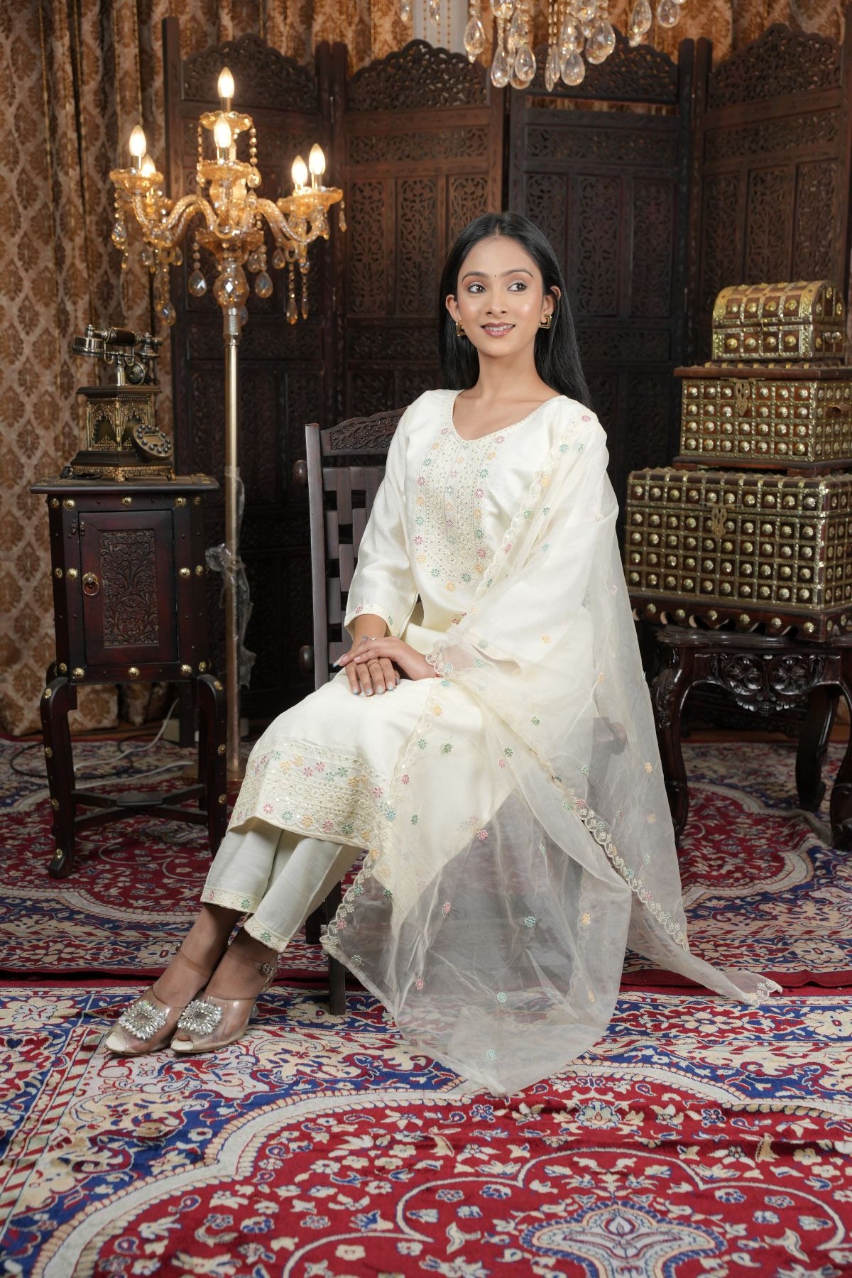 Tantikaa Ivory Embroided Roman Silk Kurta set with Organza Dupatta