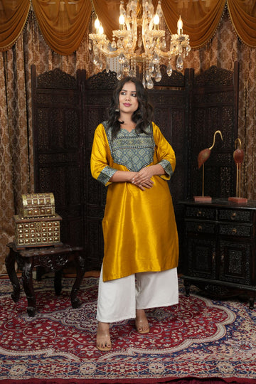 Musturd Silk Kurti with Ajrakh Yoke Design