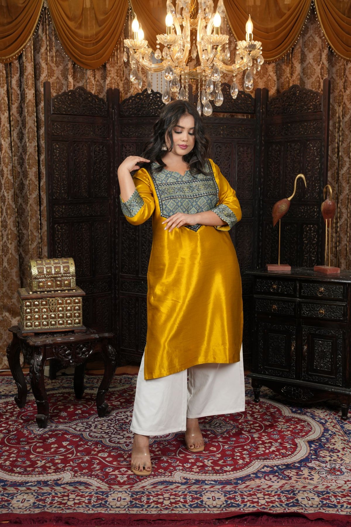 Musturd Silk Kurti with Ajrakh Yoke Design