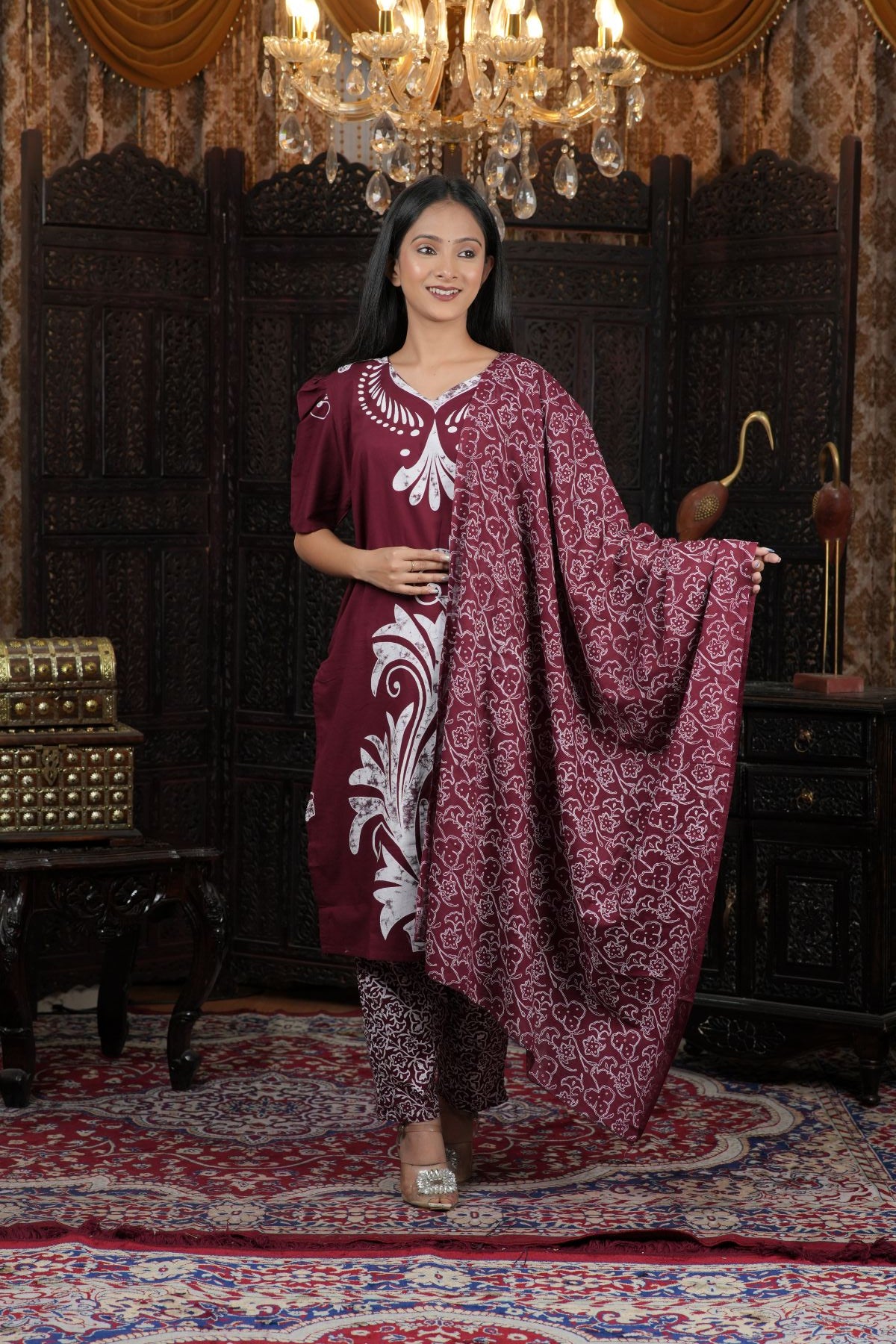Maroon Ethnic Batik Print Kurta Set with Dupatta