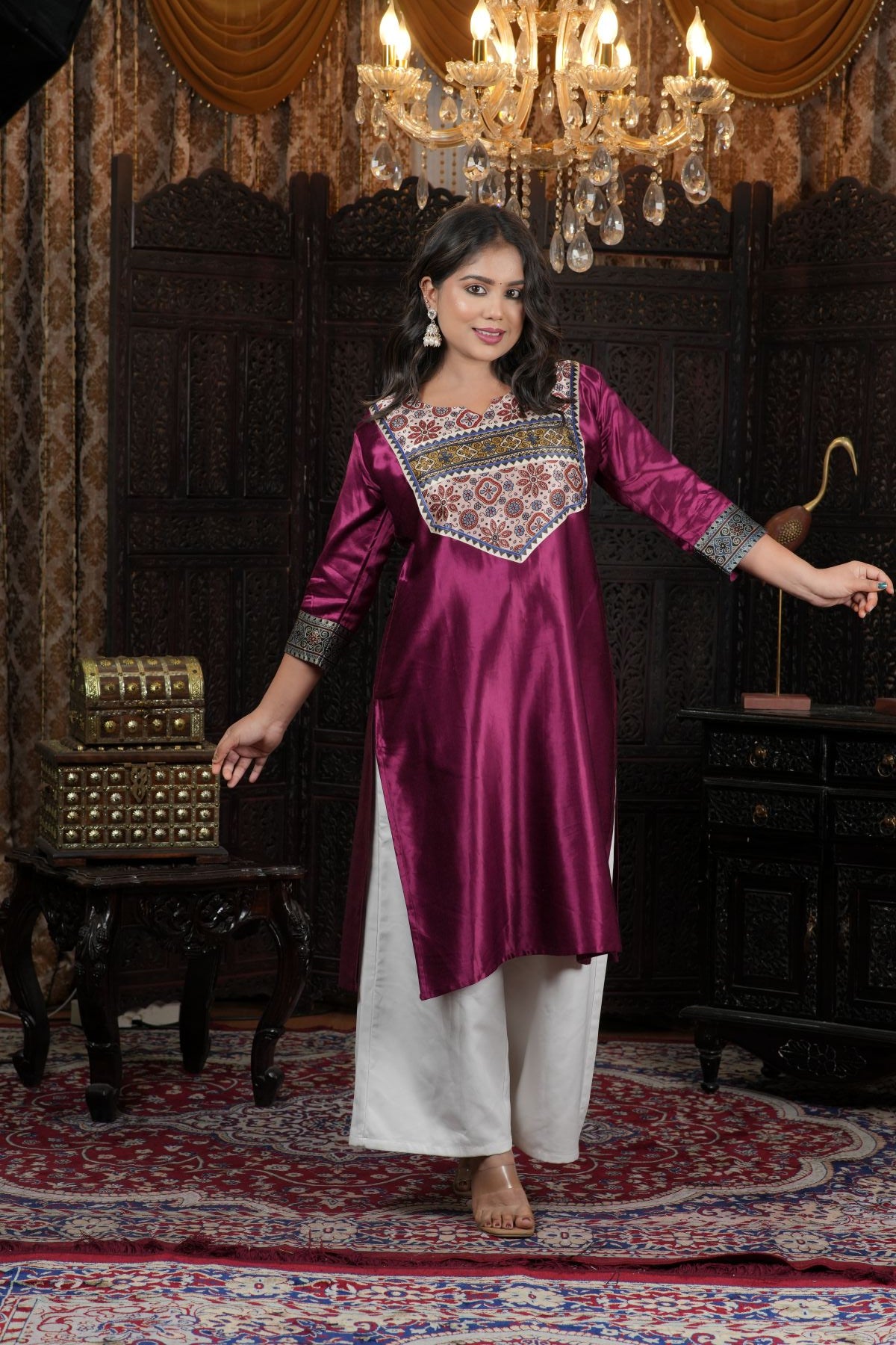 Wine Satin Ethnic Kurti with Printed Yoke