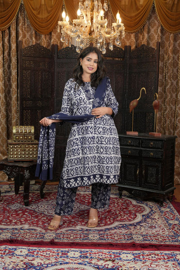 Indigo Batik Print pure cotton kurta set with Dupatta