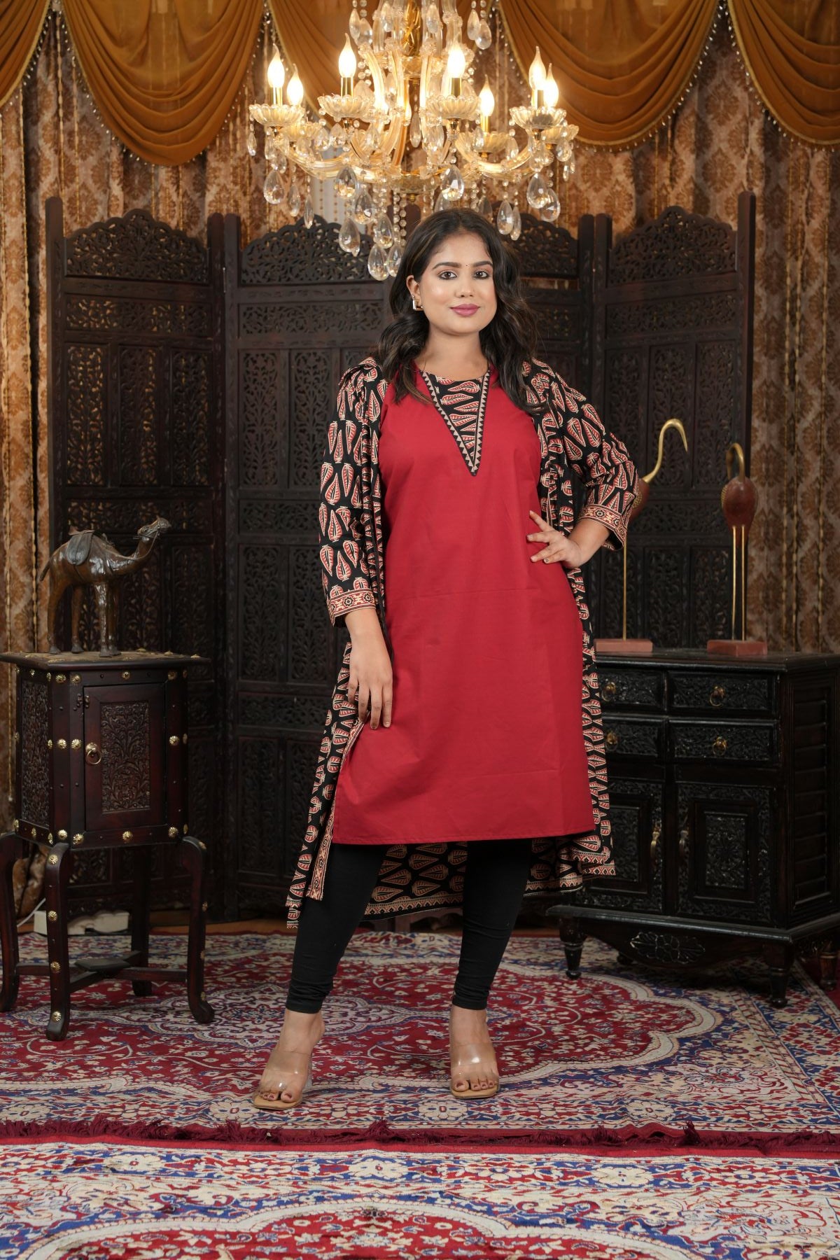 Cambric Ajrak layered Kurti with Jacket Set