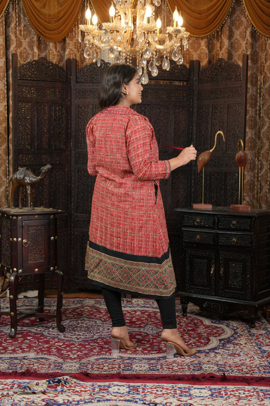 Cambric Ajrak layered Kurti with Jacket Set