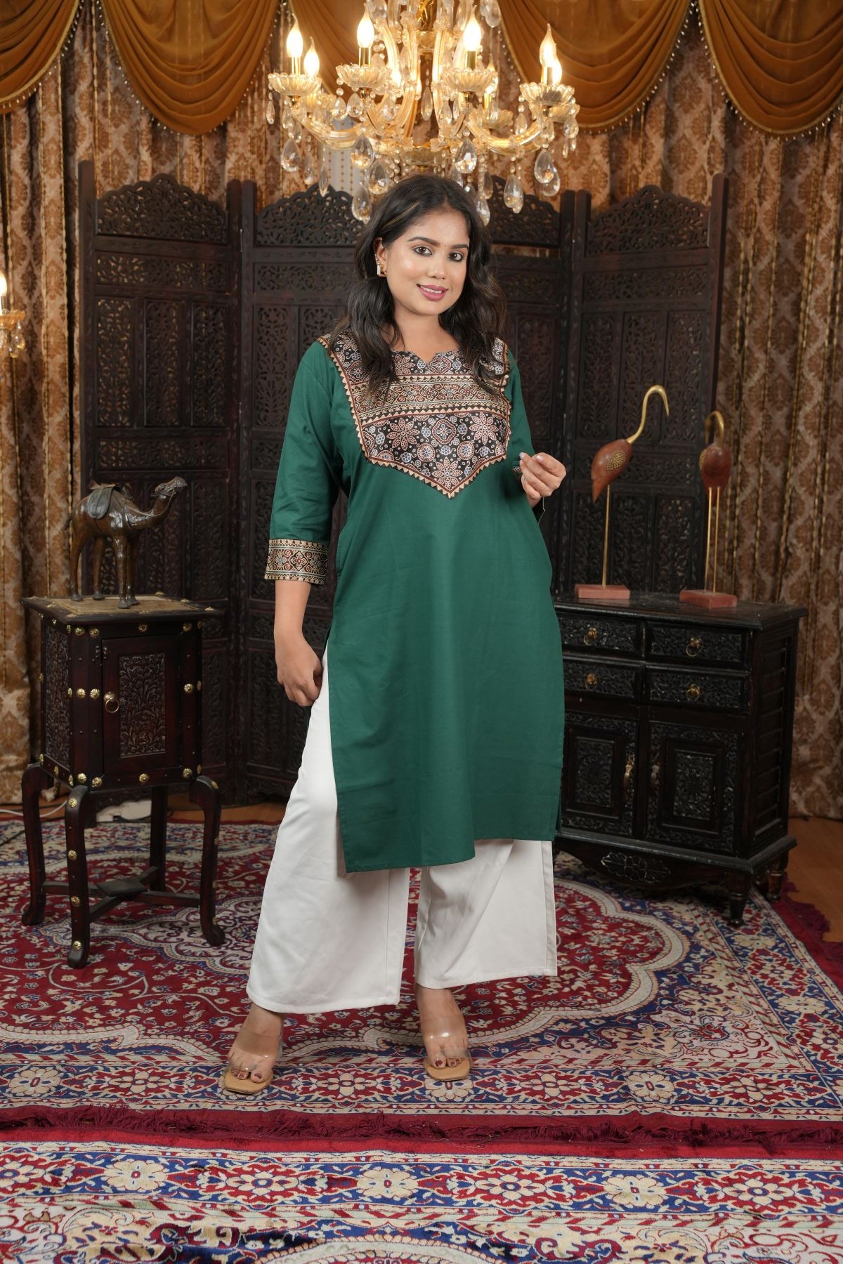 Emerald Ajrak Cotton kurti with Silk Pattern