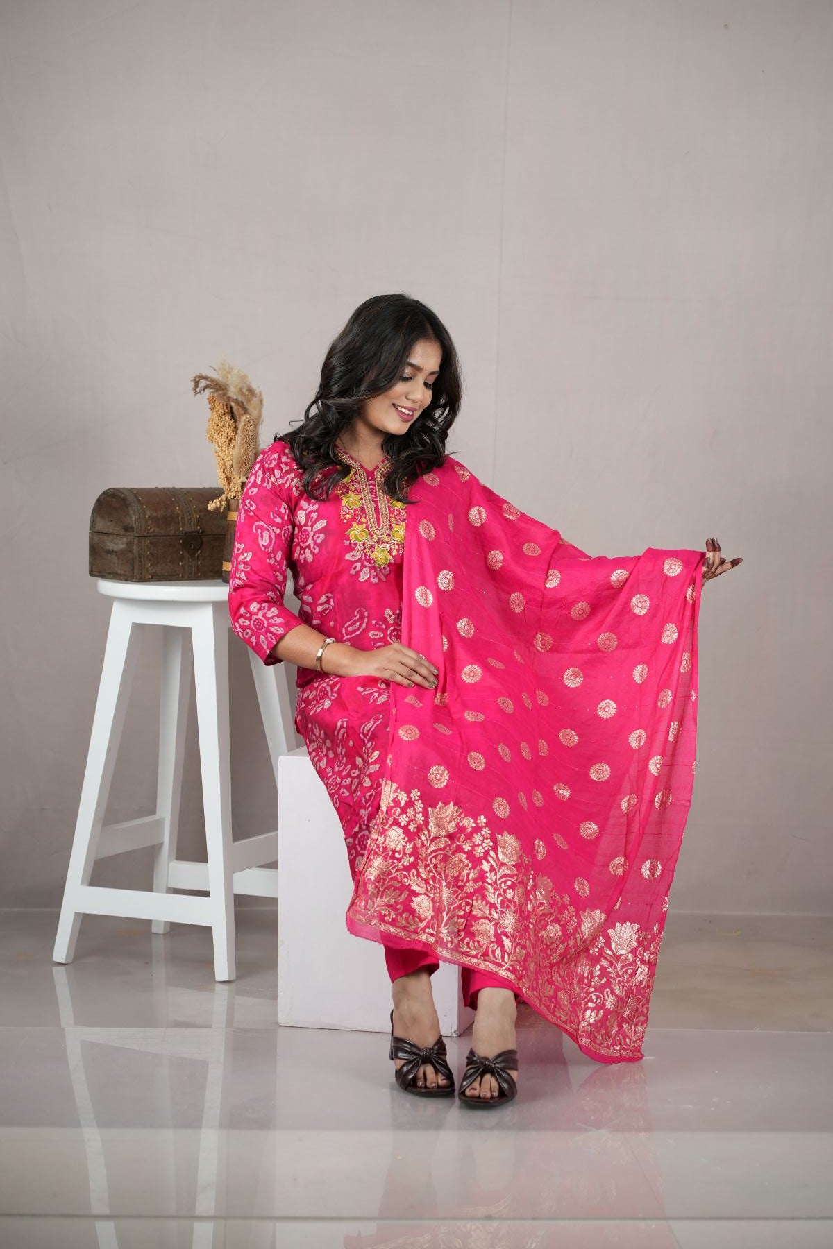 Rani Pink Silk Kurta Set with Banarasi Dupatta