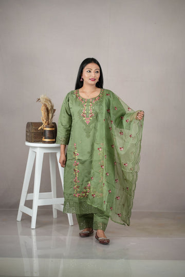 Mehendi Green Roman Silk Embroidered Kurta Set with Dupatta