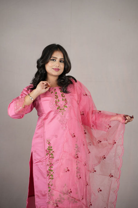 Blush Pink Roman Silk Embroidered Kurta Set with Dupatta