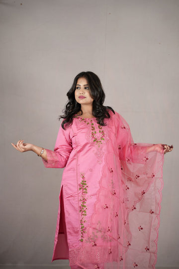 Blush Pink Roman Silk Embroidered Kurta Set with Dupatta
