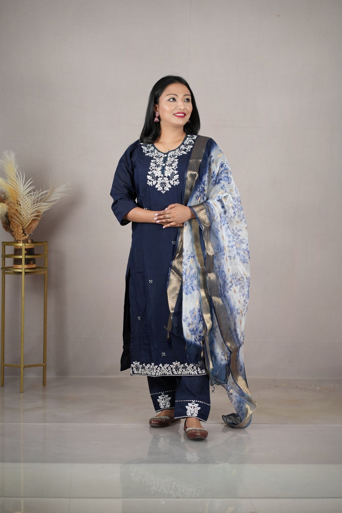 Elegant Midnight Blue Rangeela Silk Kurta Set with Floral Dupatta