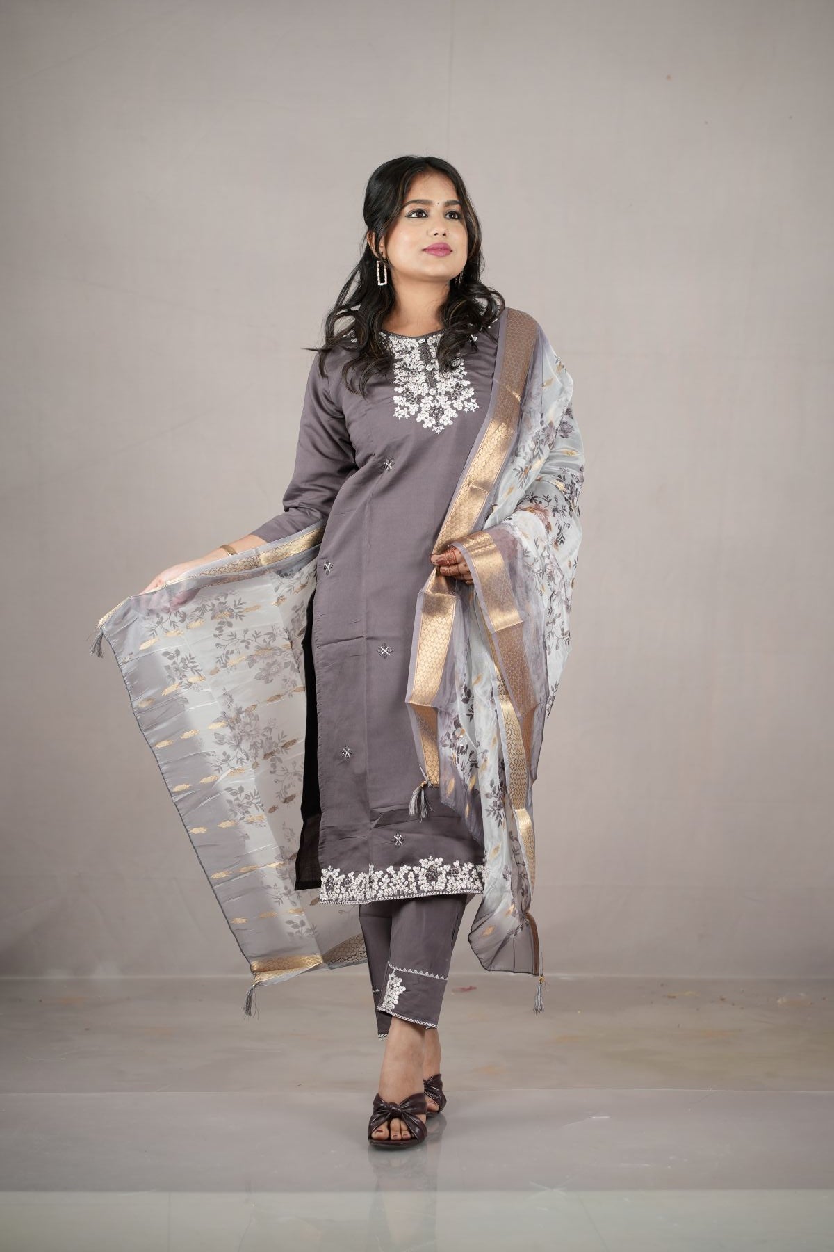 Smoky Grey Rangeela Silk Embroidered Kurta Set with Zari Dupatta