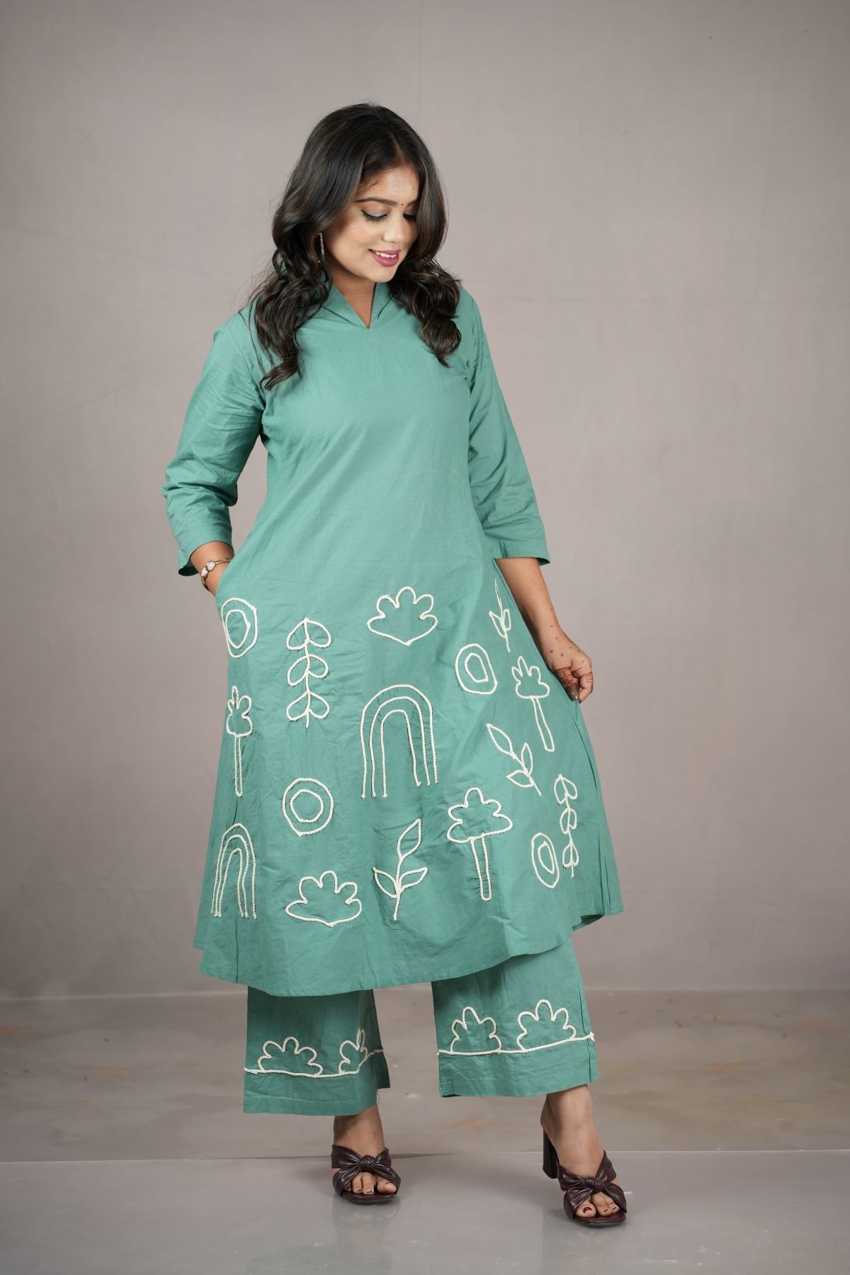 Green Threadwork Cambric Cotton Kurta Set