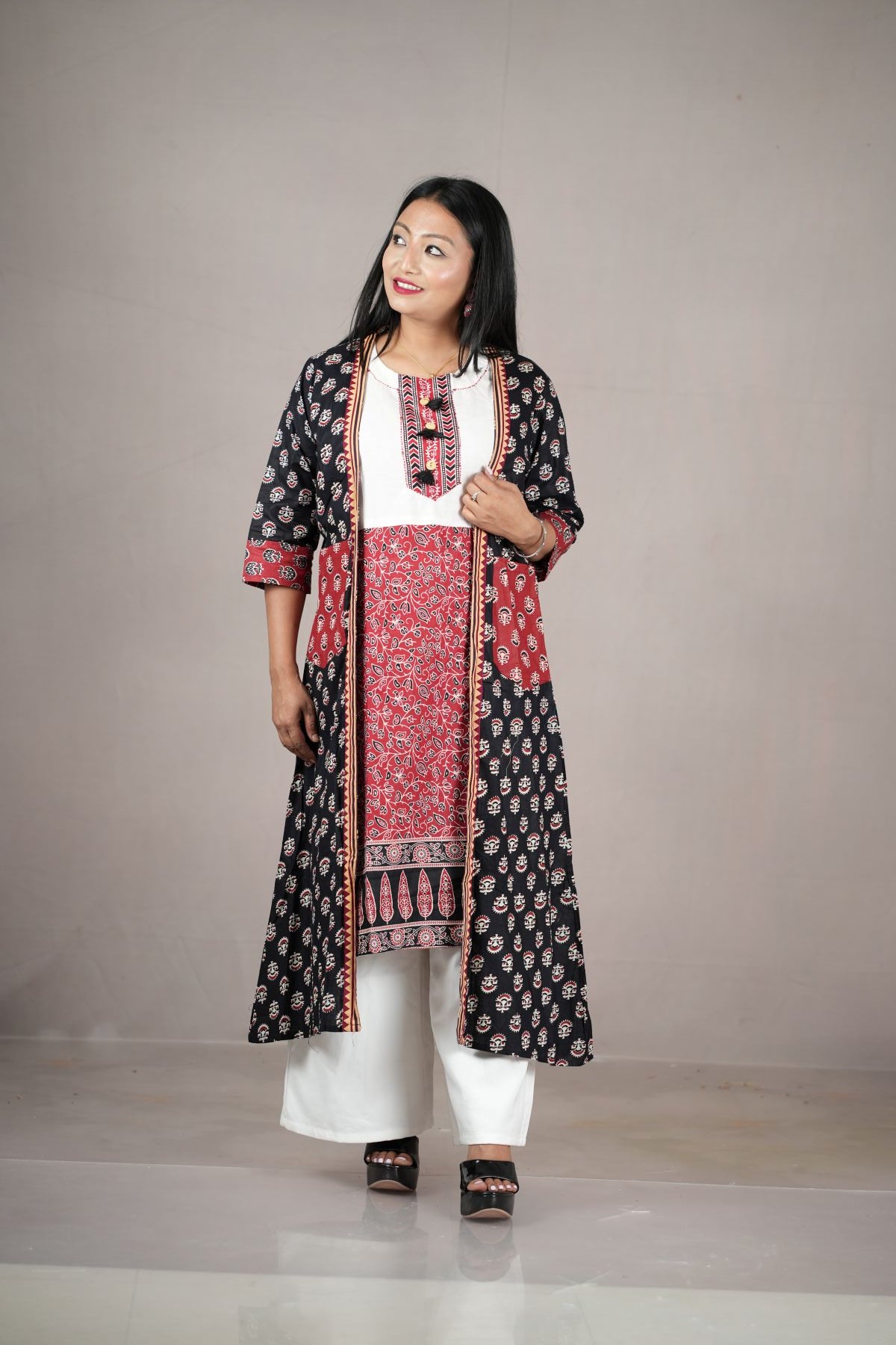 Black & Red Printed Cambric Cotton Jacket Kurta Set
