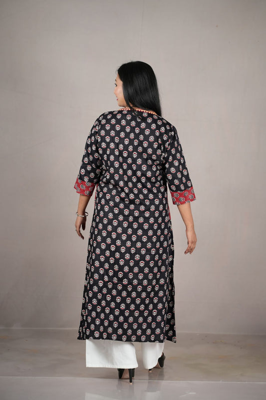 Black & Red Printed Cambric Cotton Jacket Kurta Set