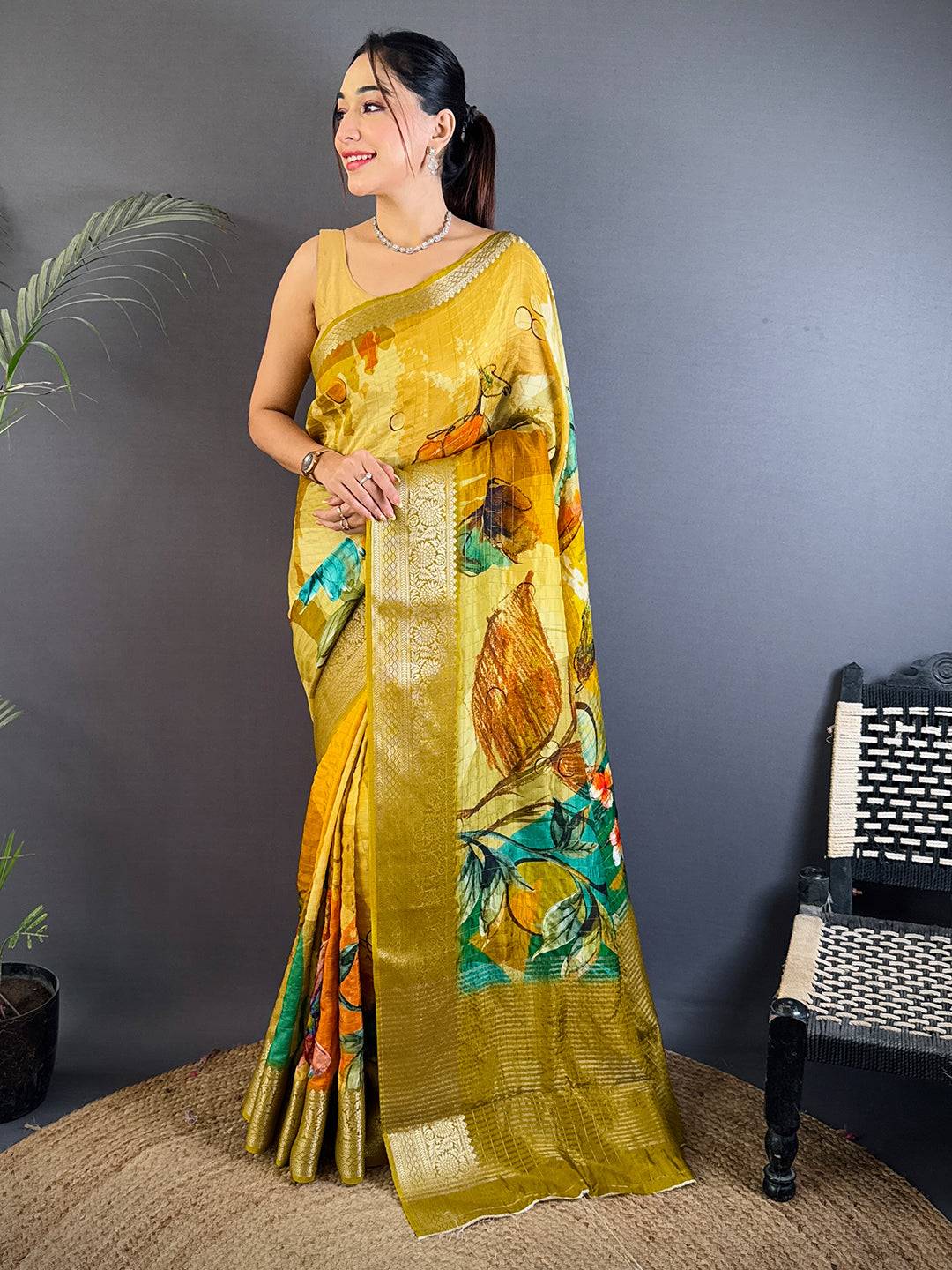 Elegant Mustard Yellow Floral Art Saree