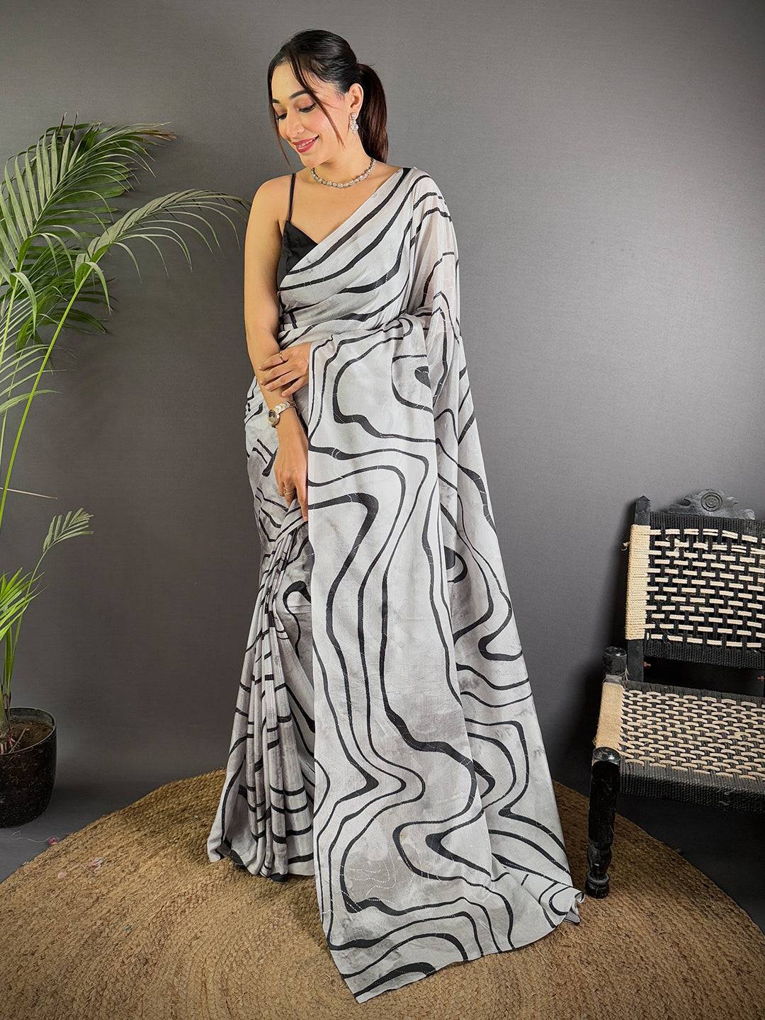 Chinnon Chiffon Abstract Foil Work Saree