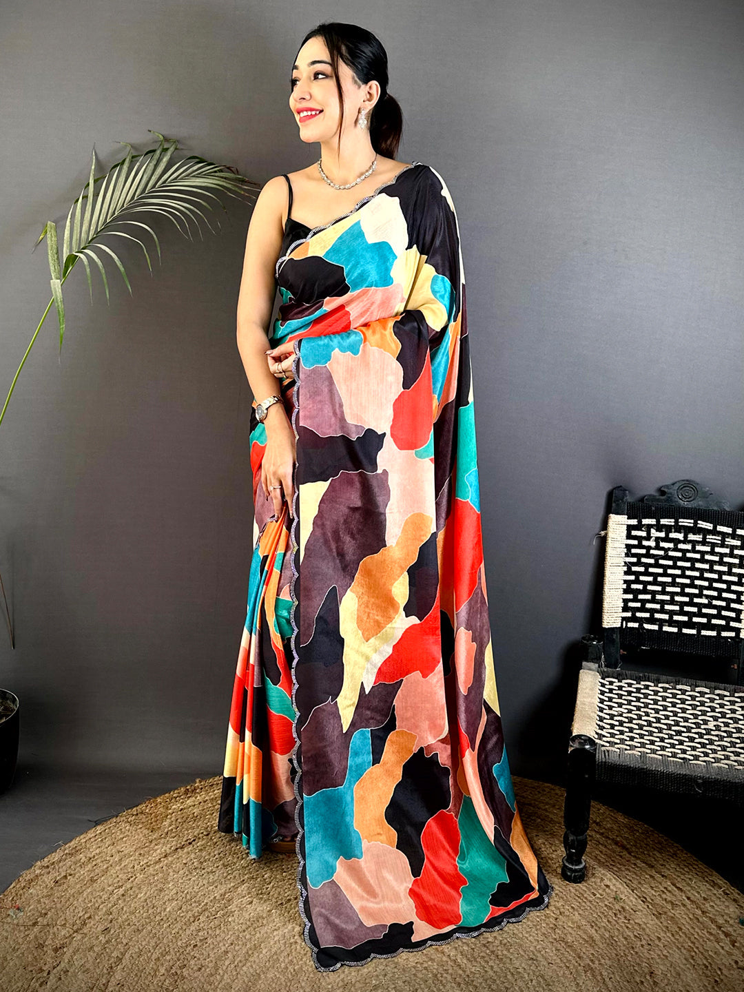Opulent Freehand Abstract Chinnon Saree