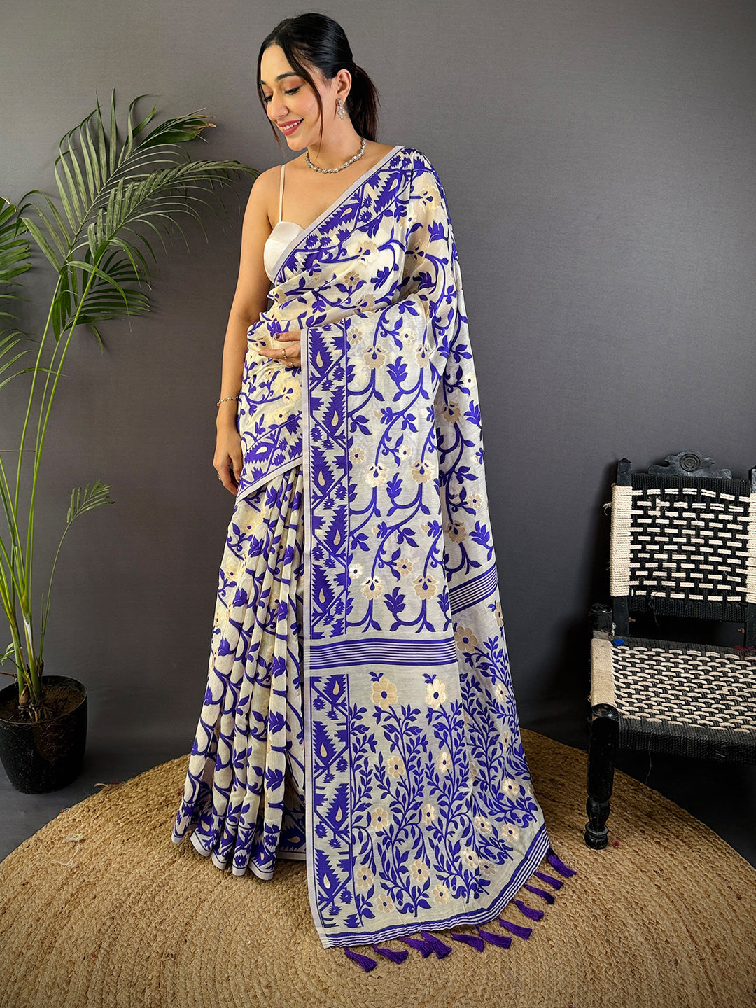 Cream Soft Cotton Silk Jamdani Saree