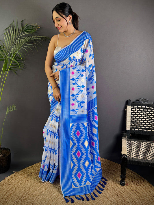 Blue Soft Dhakai Jamdani Silk Saree