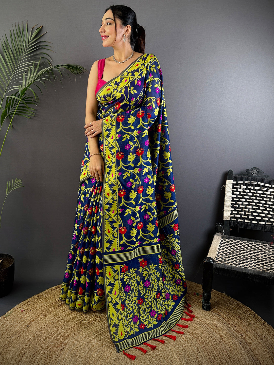 Navy Blue Dhakai Jamdani Cotton Silk Saree