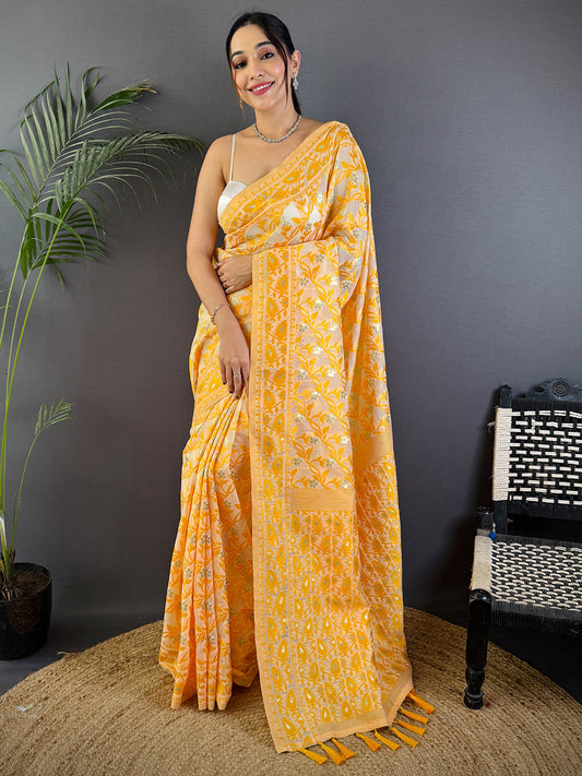 Gold Soft Dhakai Jamdani Silk Saree