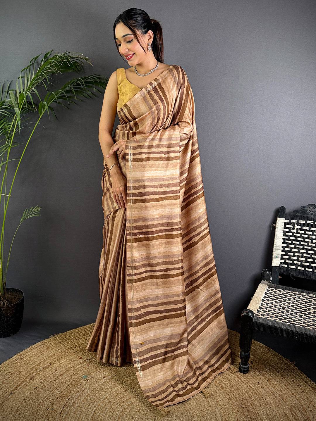 Brown Tussar Ghicha Stripe Saree