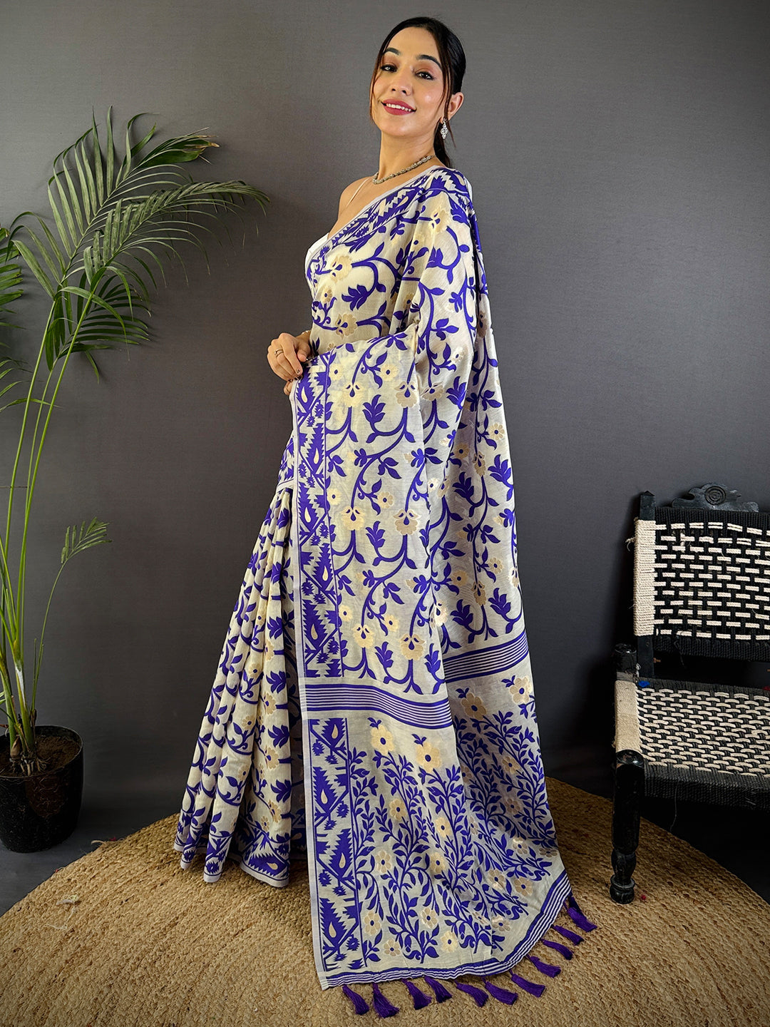 Cream Soft Cotton Silk Jamdani Saree