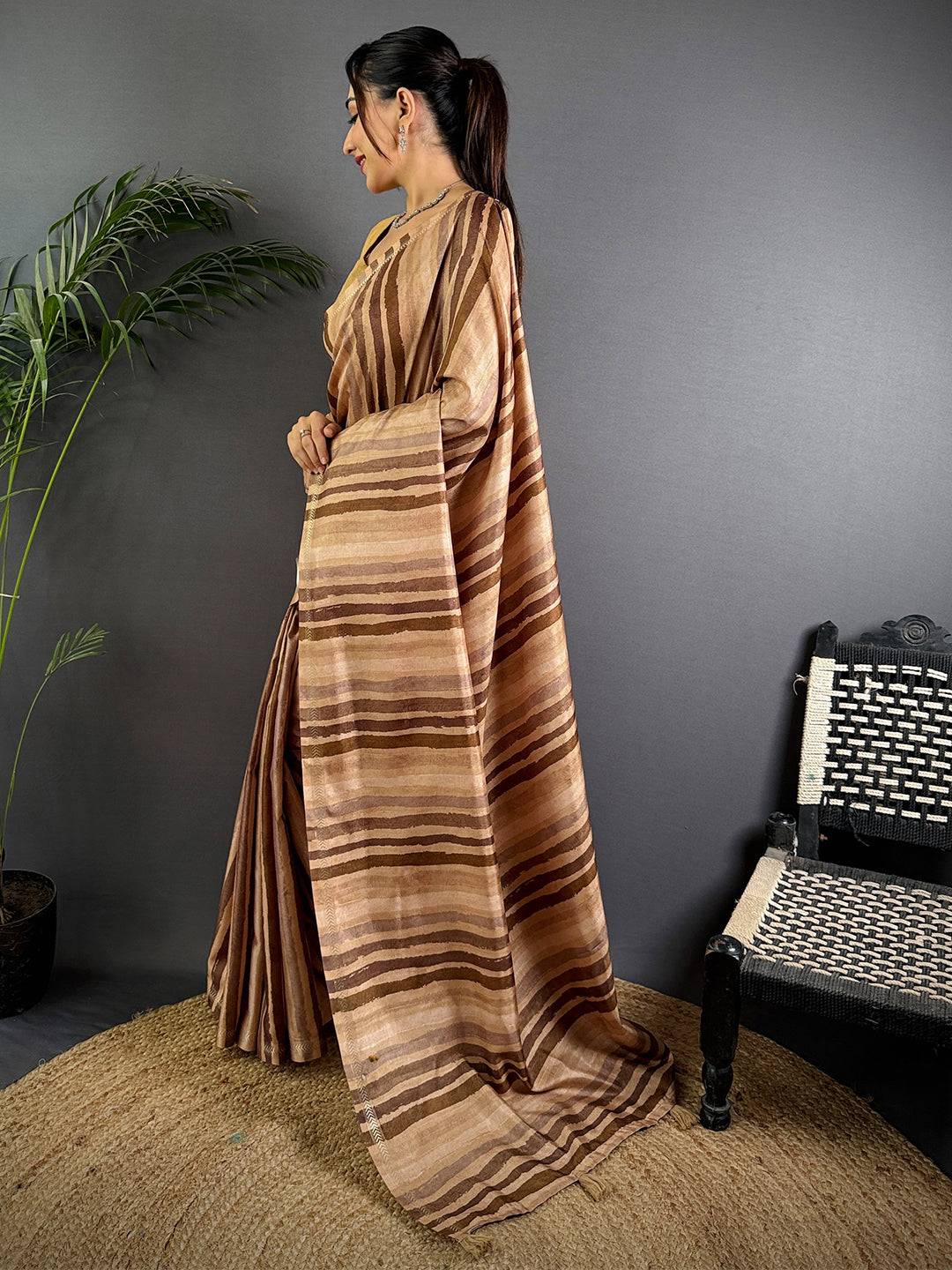 Brown Tussar Ghicha Stripe Saree