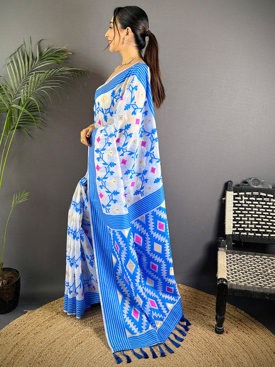 Blue Soft Dhakai Jamdani Silk Saree