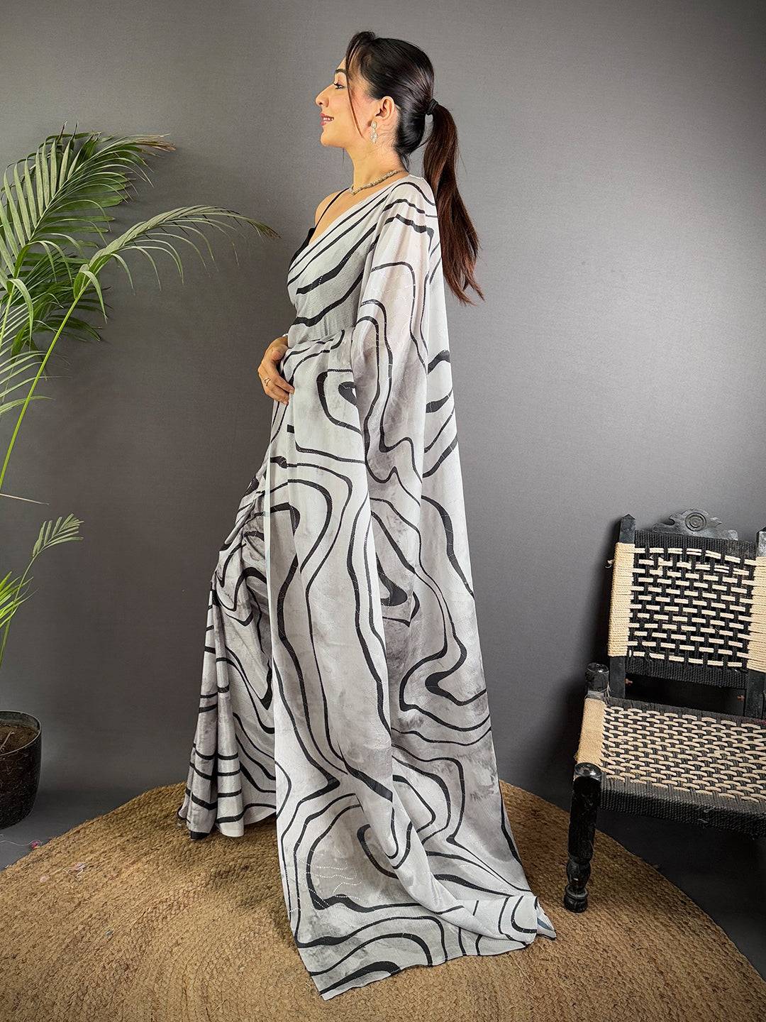 Chinnon Chiffon Abstract Foil Work Saree