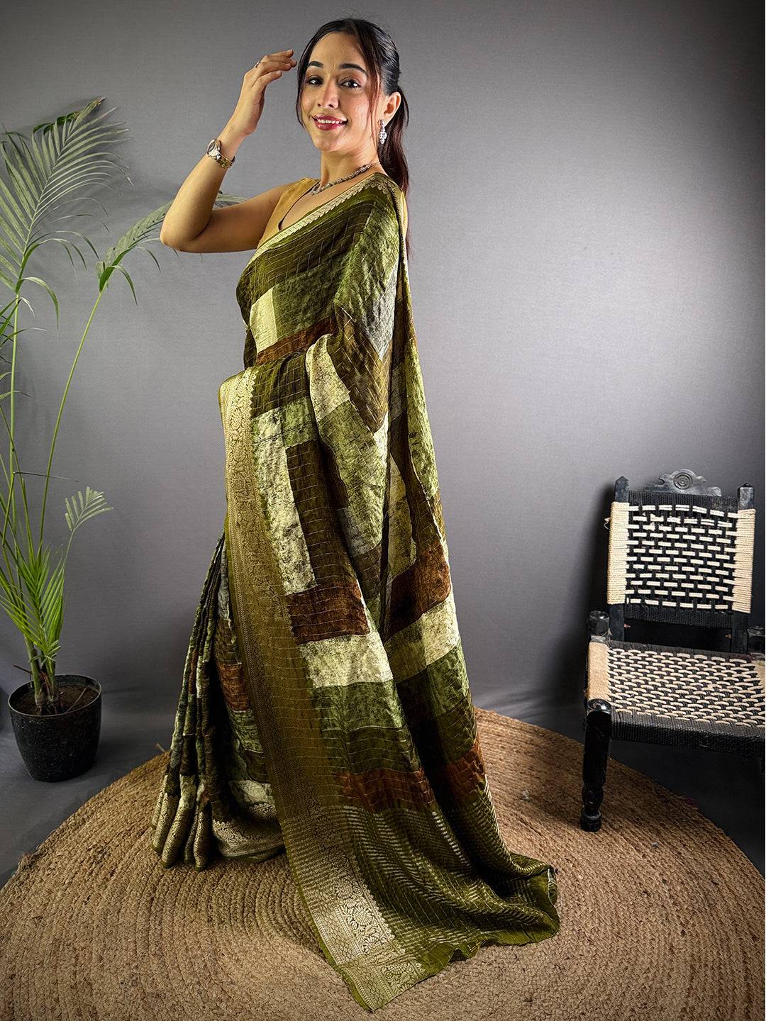 Olive Pure Viscose Abstract Printed Saree