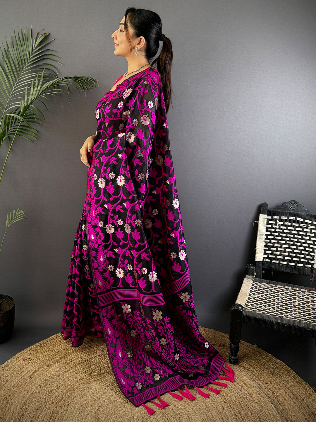 Black Dhakai Jamdani Cotton Silk Saree