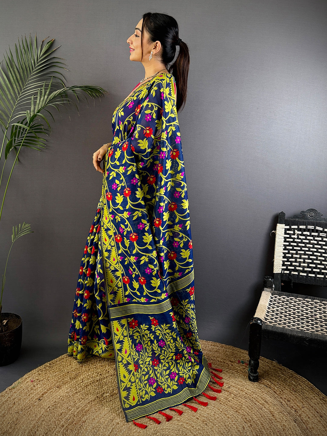 Navy Blue Dhakai Jamdani Cotton Silk Saree