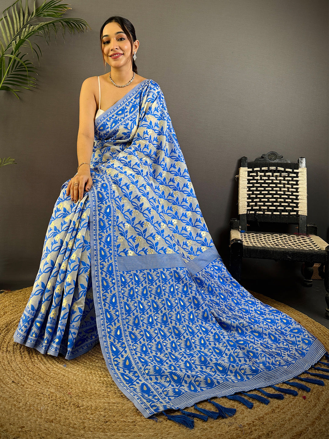 Royal Blue Soft Dhakai Jamdani Silk Saree