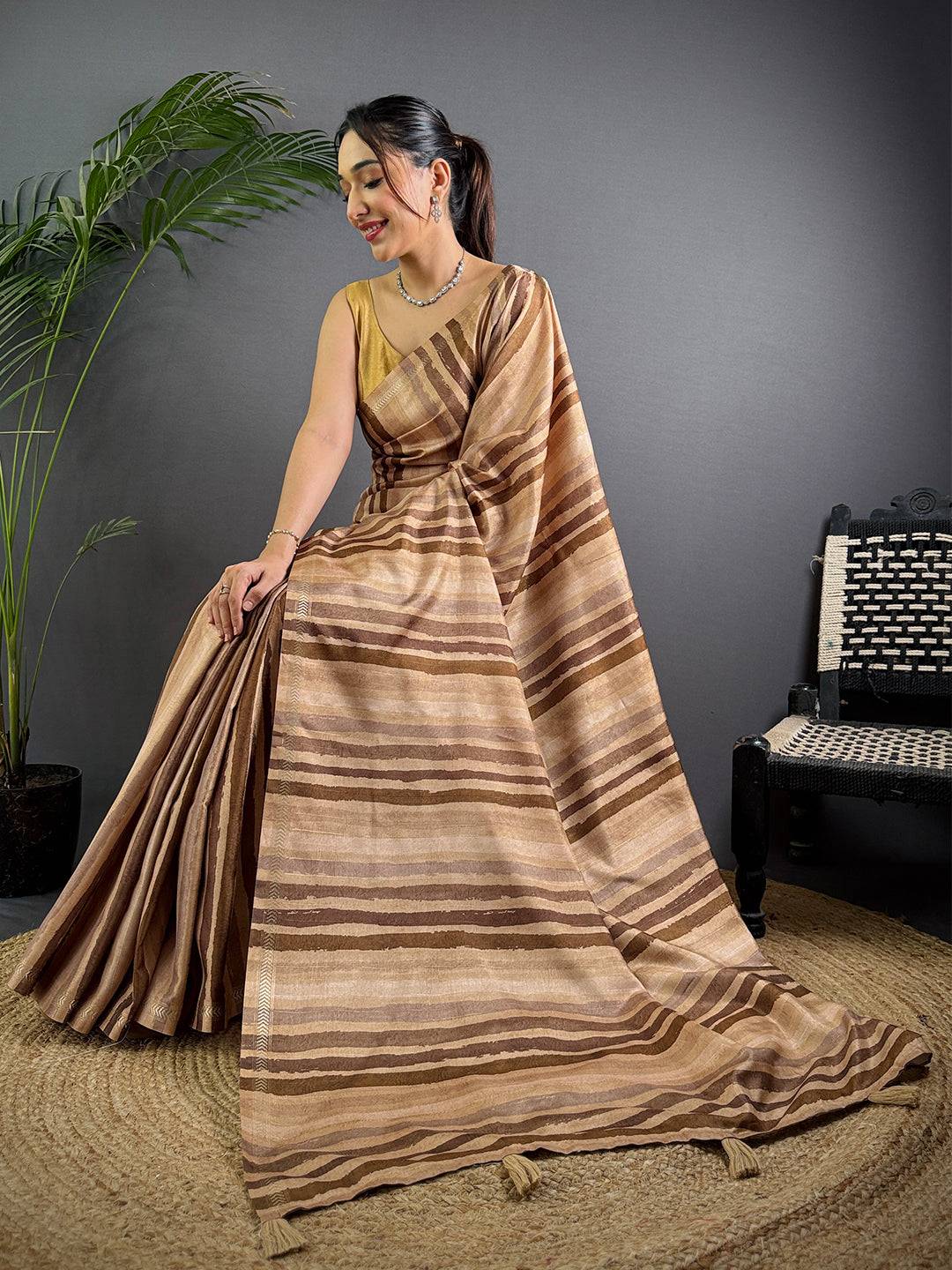 Brown Tussar Ghicha Stripe Saree