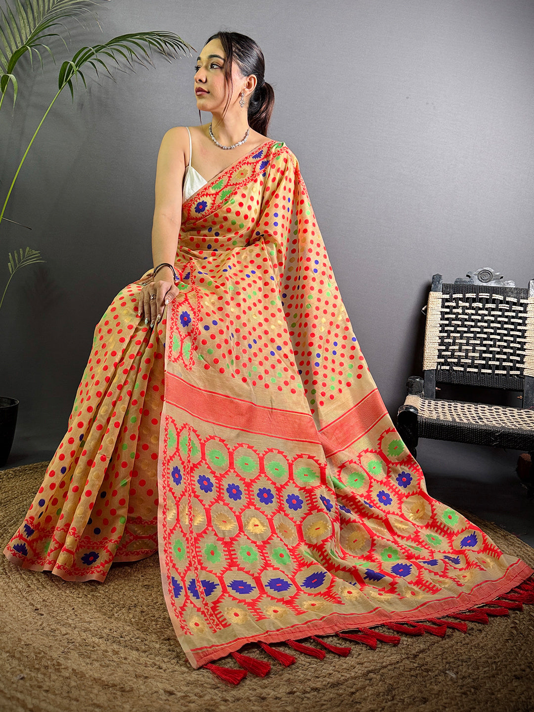 Light Orange Dhakai Jamdani Saree