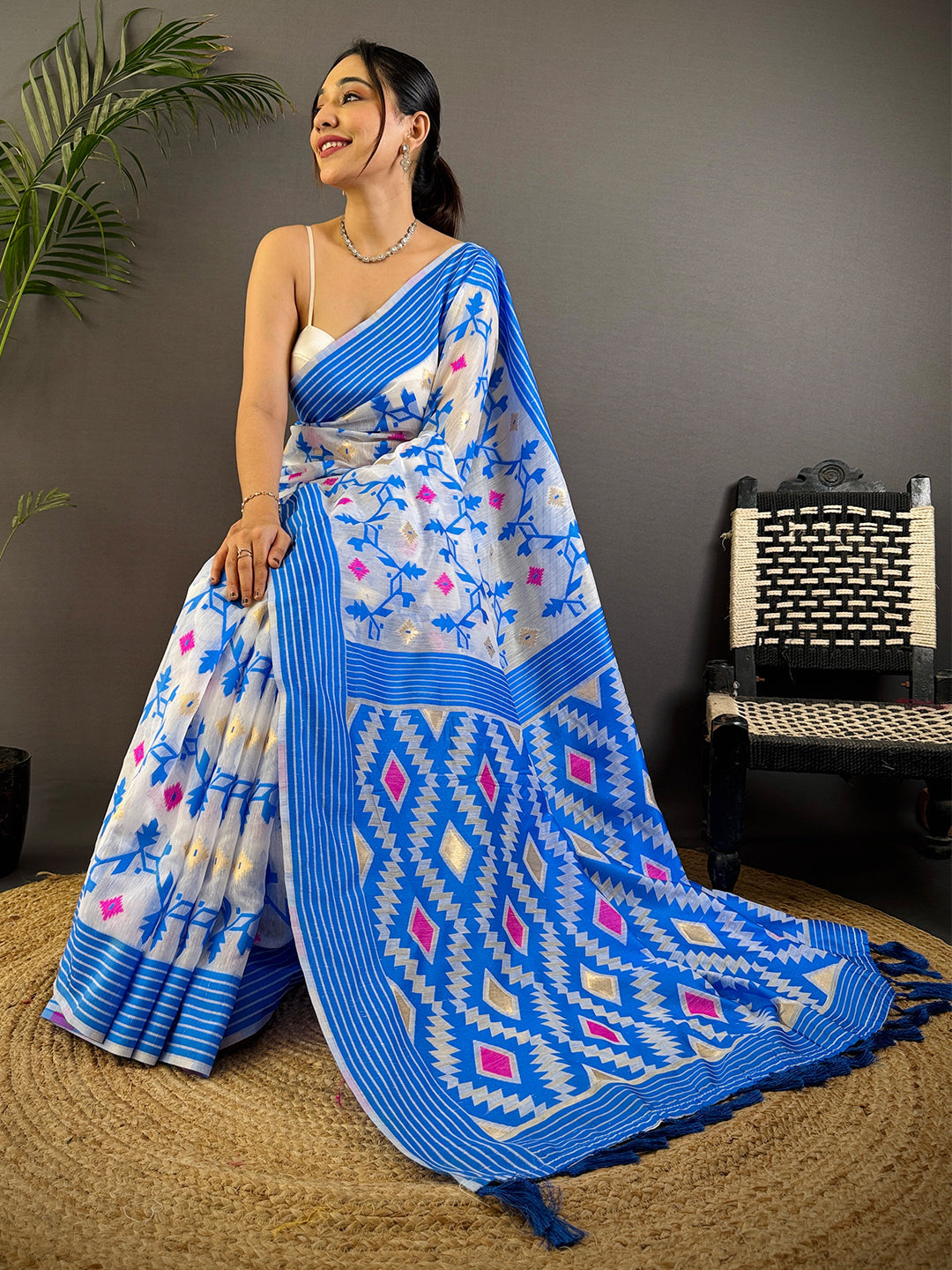 Blue Soft Dhakai Jamdani Silk Saree