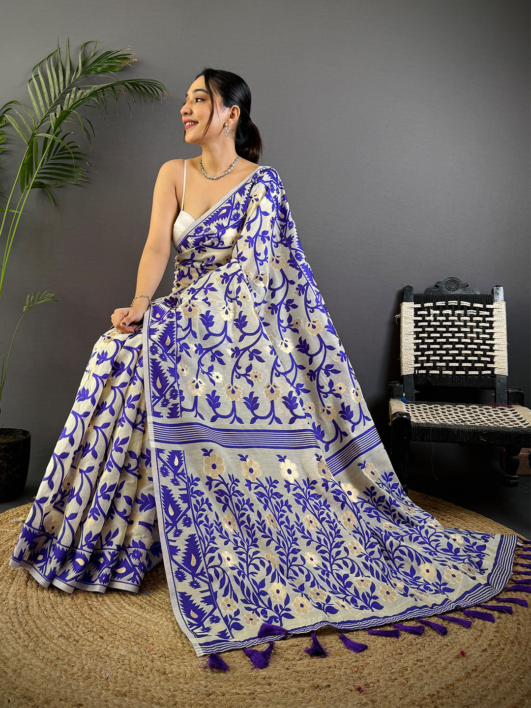 Cream Soft Cotton Silk Jamdani Saree