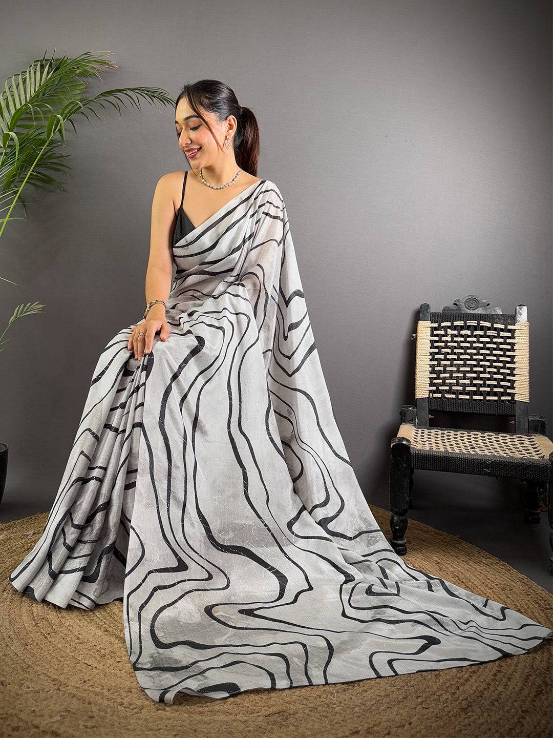 Chinnon Chiffon Abstract Foil Work Saree
