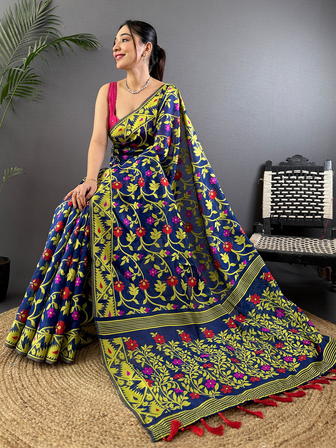 Navy Blue Dhakai Jamdani Cotton Silk Saree