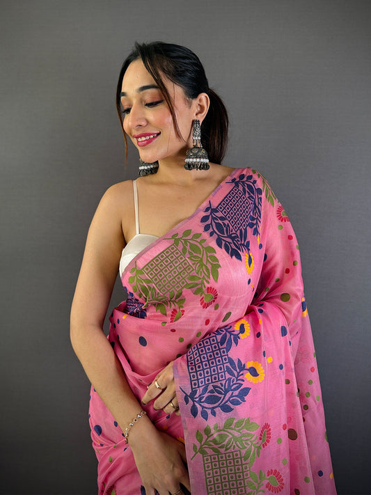 Pink Dhakai Jamdani Cotton Silk Saree