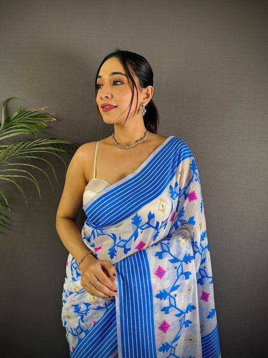 Blue Soft Dhakai Jamdani Silk Saree