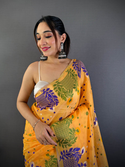 Yellow Dhakai Jamdani Cotton Silk Saree