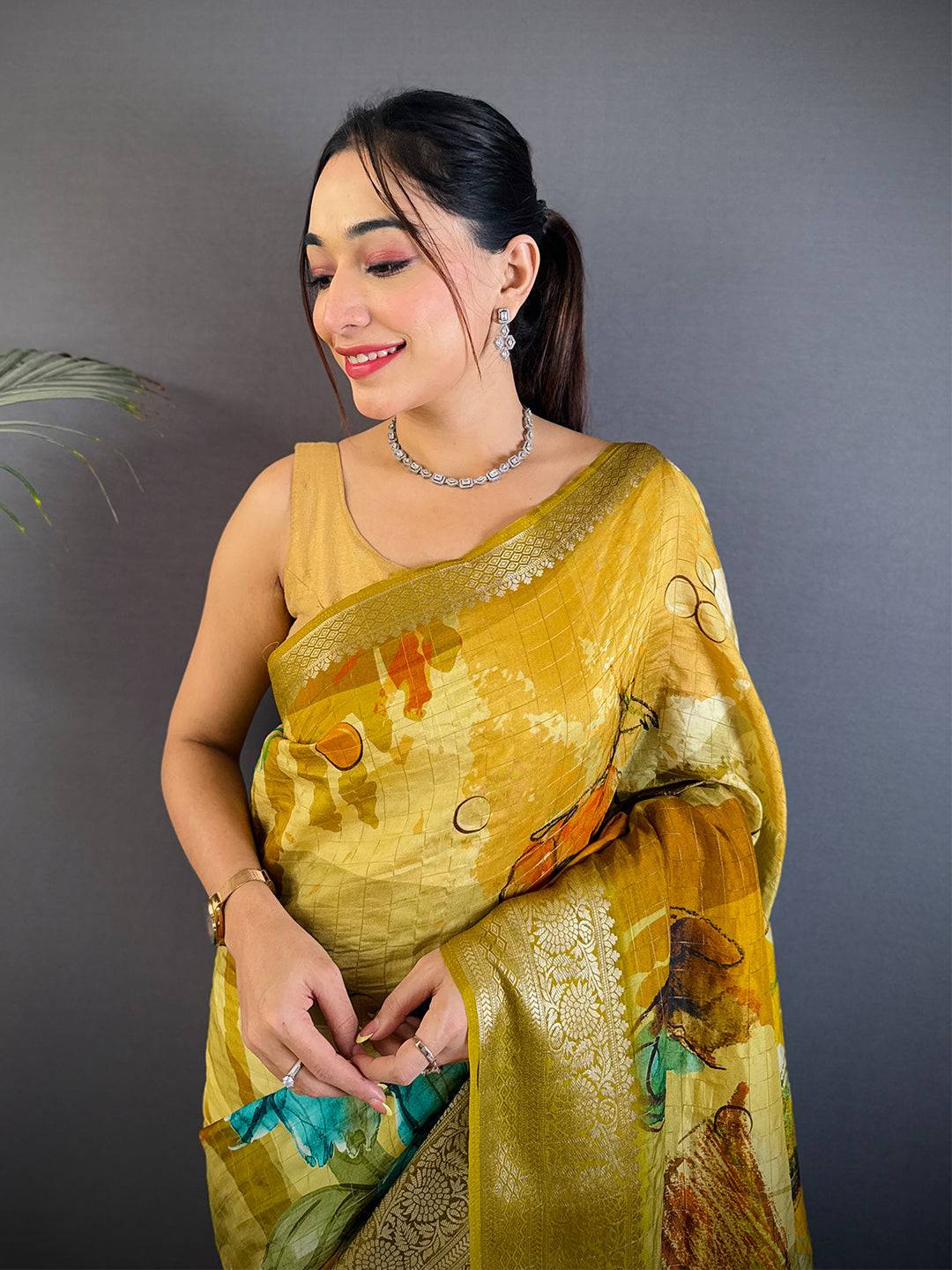 Elegant Mustard Yellow Floral Art Saree