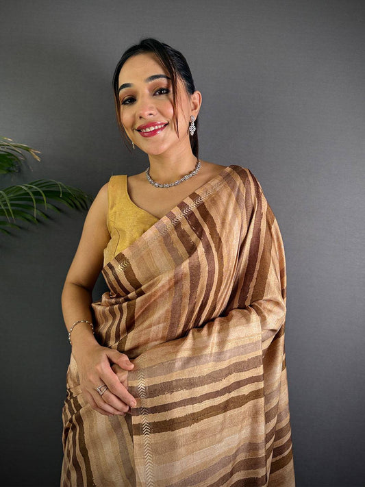 Brown Tussar Ghicha Stripe Saree